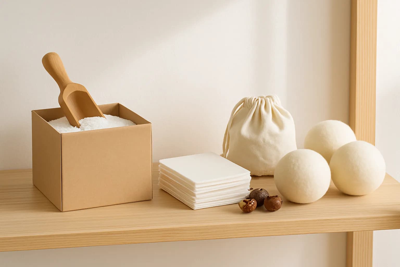 Plastic-free laundry supplies on a shelf: cardboard-box powder, laundry sheets, a bag of soap nuts and wool dryer balls.