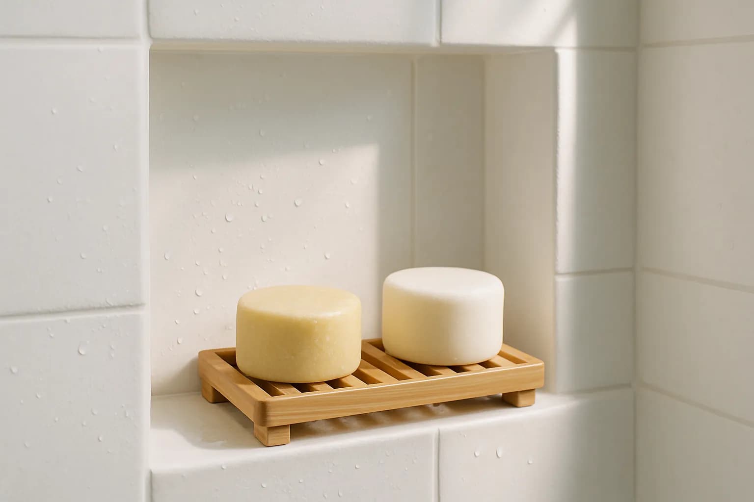 A solid shampoo bar on a bamboo soap dish in a shower, with a conditioner bar beside it.