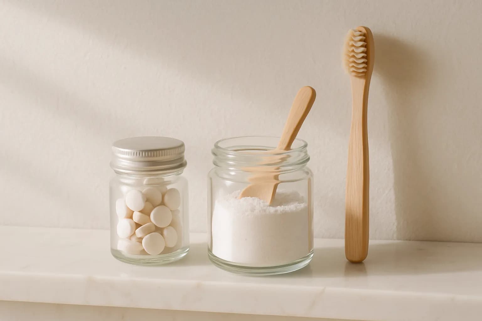 Plastic-free dental supplies: a glass jar of toothpaste tablets, tooth powder and a bamboo toothbrush on a bathroom shelf.